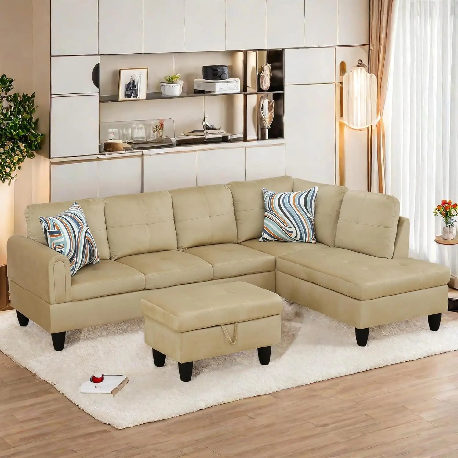 L Shaped Sofa with Ottoman Modern Sectional Couches for Living Room, Bedroom, Office, Grey-Belt Cup Holder  home furniture