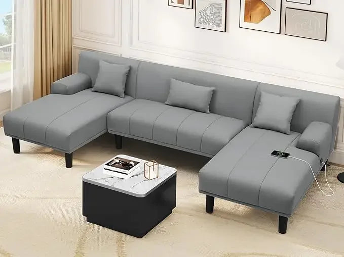 Sectional Couches for Living Room, U Shaped Sofa Chenille Modern Couch with USB & Type C Charging Ports Double Chaise a