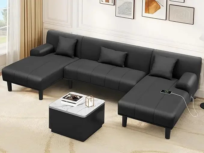 Sectional Couches for Living Room, U Shaped Sofa Chenille Modern Couch with USB & Type C Charging Ports Double Chaise a