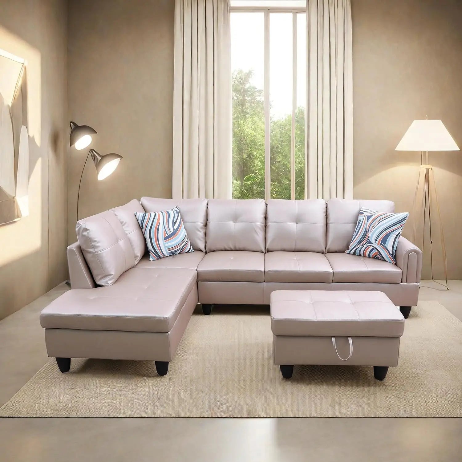 L Shaped Sofa with Ottoman Modern Sectional Couches for Living Room, Bedroom, Office, Grey-Belt Cup Holder  home furniture