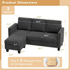 Convertible segmented sofa, 3-seater L-shaped linen sofa Ottoman small sofa, suitable for small apartments and living rooms