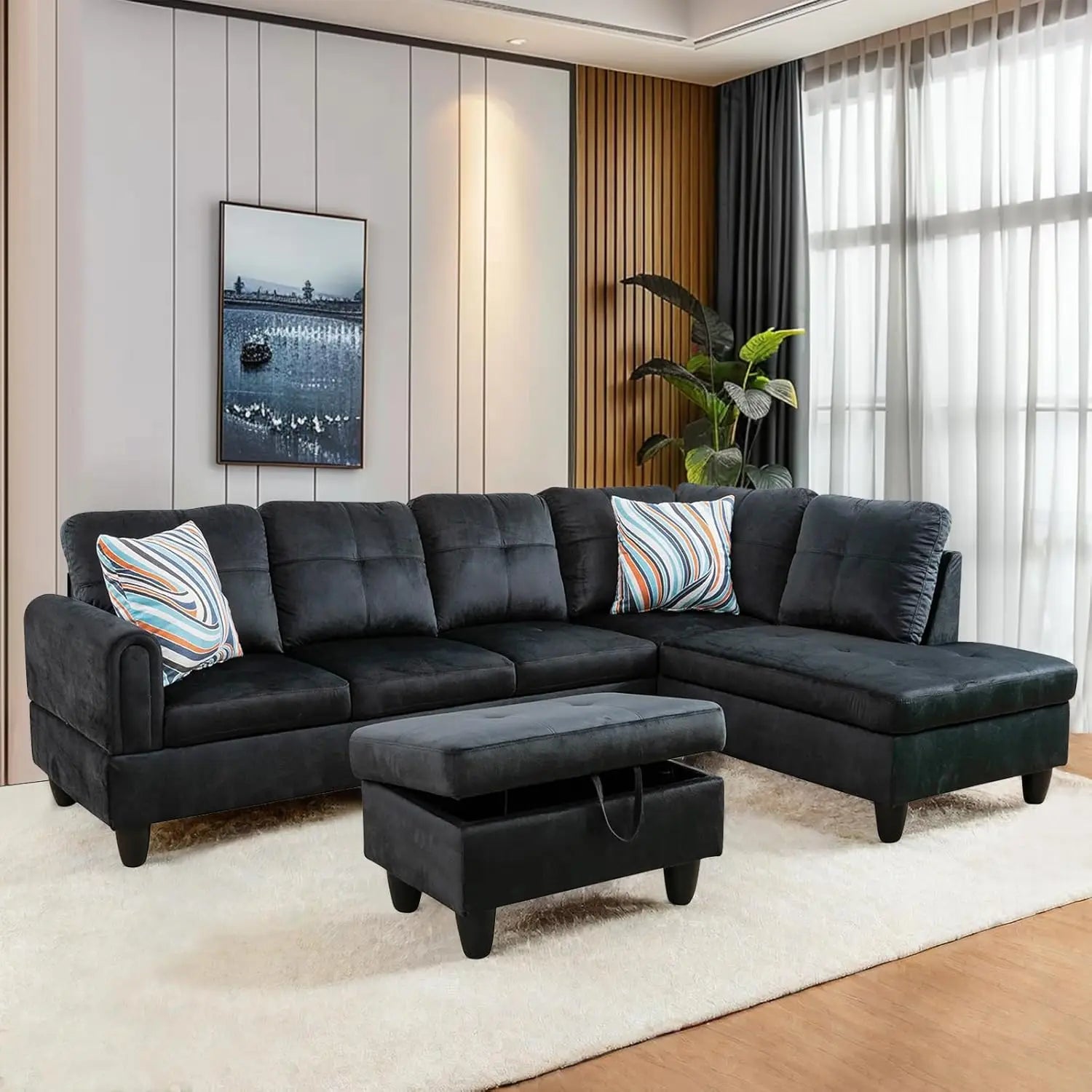 L Shaped Sofa with Ottoman Modern Sectional Couches for Living Room, Bedroom, Office, Grey-Belt Cup Holder  home furniture