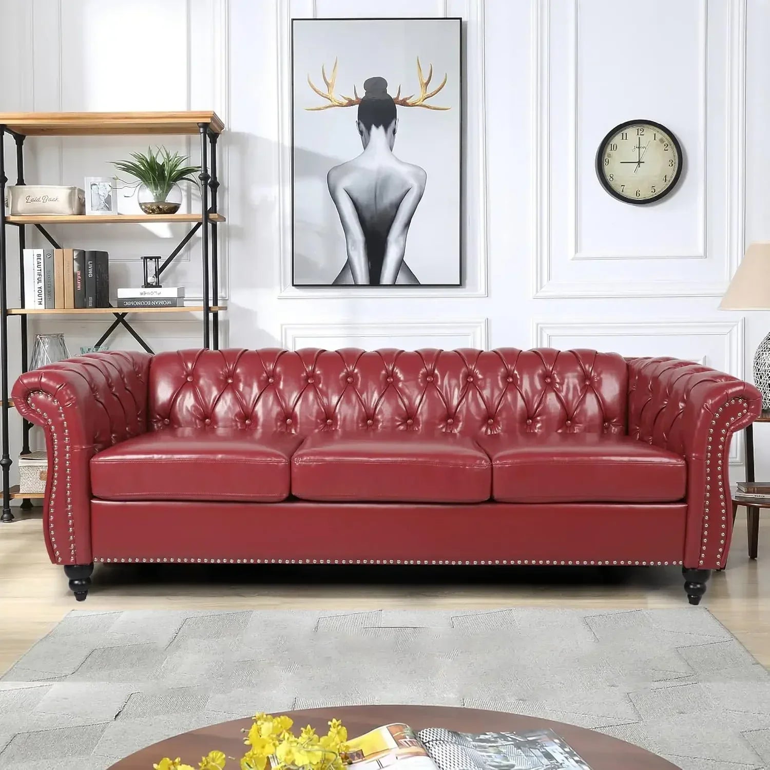 82" Three Seater Sofa, Chesterfield Sofa, Mid-Century Modern PU Upholstered Sofa, Deep Button Tufted Living Room Sofa