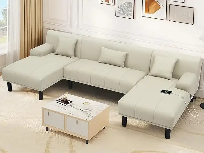 Sectional Couches for Living Room, U Shaped Sofa Chenille Modern Couch with USB & Type C Charging Ports Double Chaise a