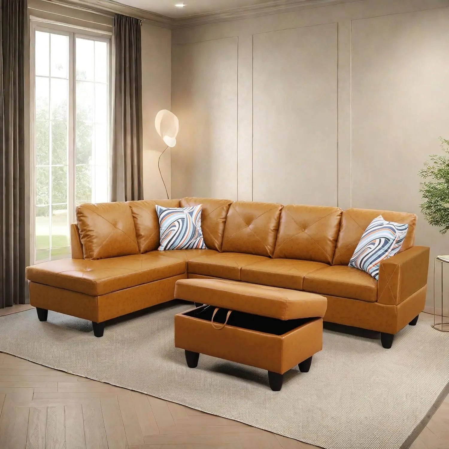 L Shaped Sofa with Ottoman Modern Sectional Couches for Living Room, Bedroom, Office, Grey-Belt Cup Holder  home furniture