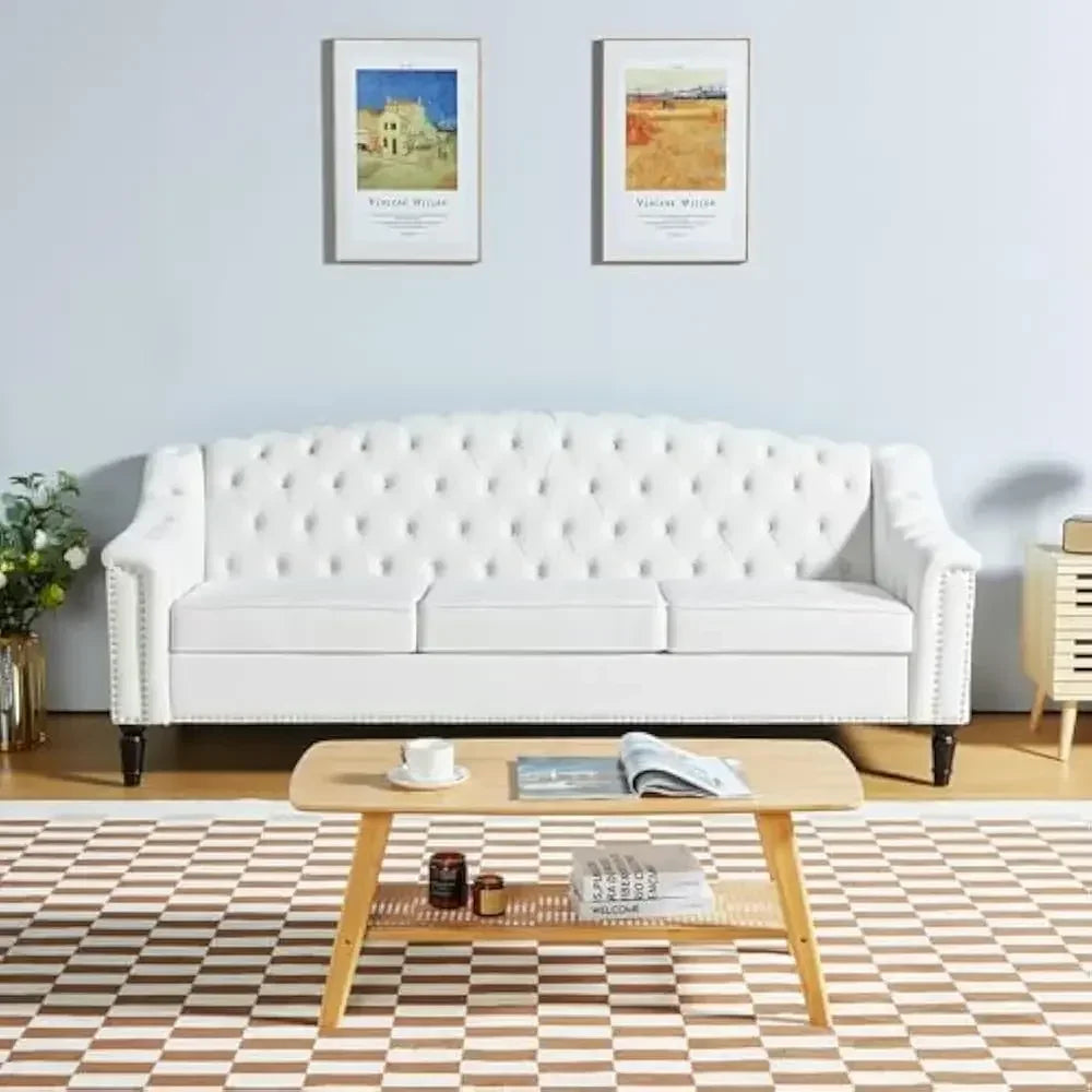 82" Three Seater Sofa, Chesterfield Sofa, Mid-Century Modern PU Upholstered Sofa, Deep Button Tufted Living Room Sofa