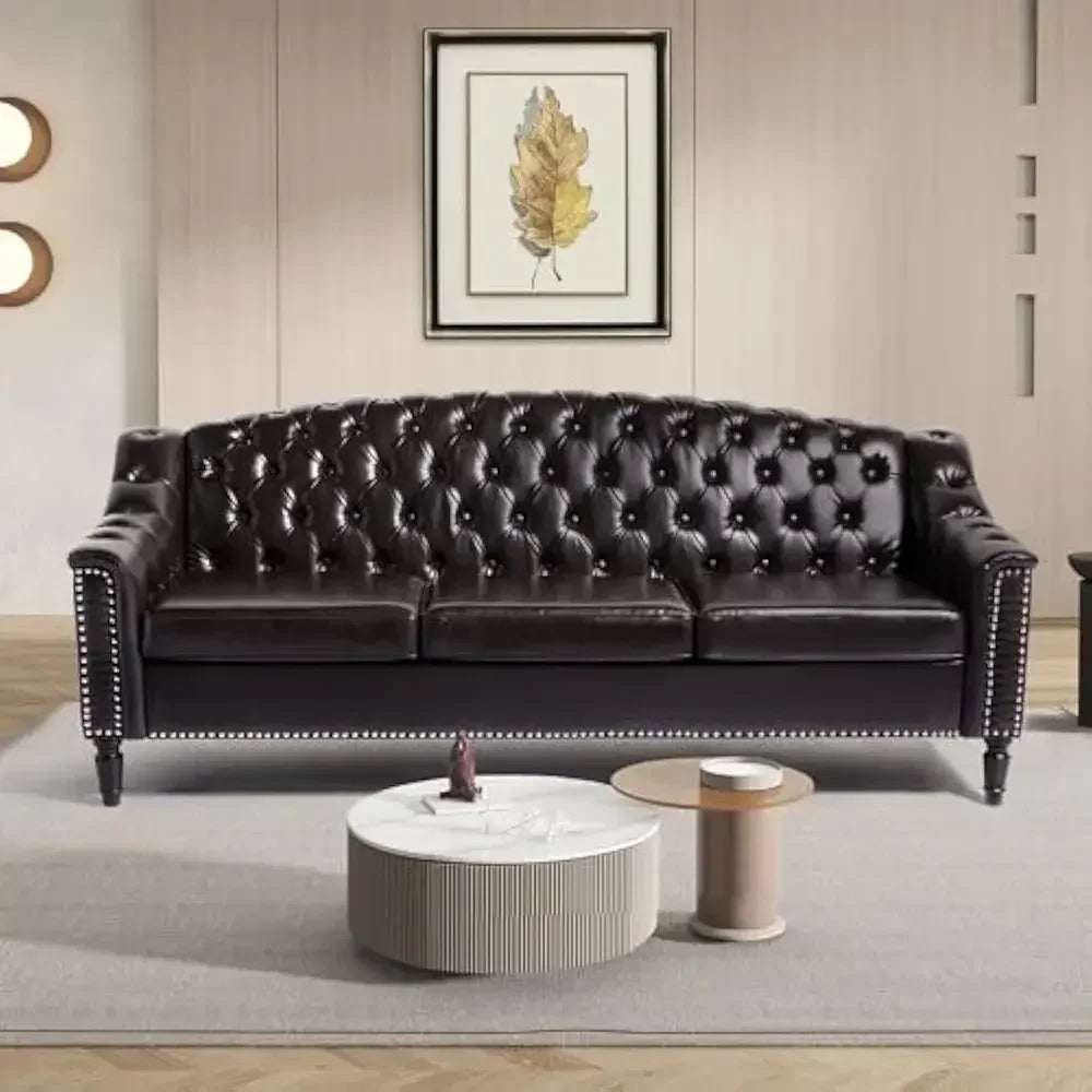 82" Three Seater Sofa, Chesterfield Sofa, Mid-Century Modern PU Upholstered Sofa, Deep Button Tufted Living Room Sofa