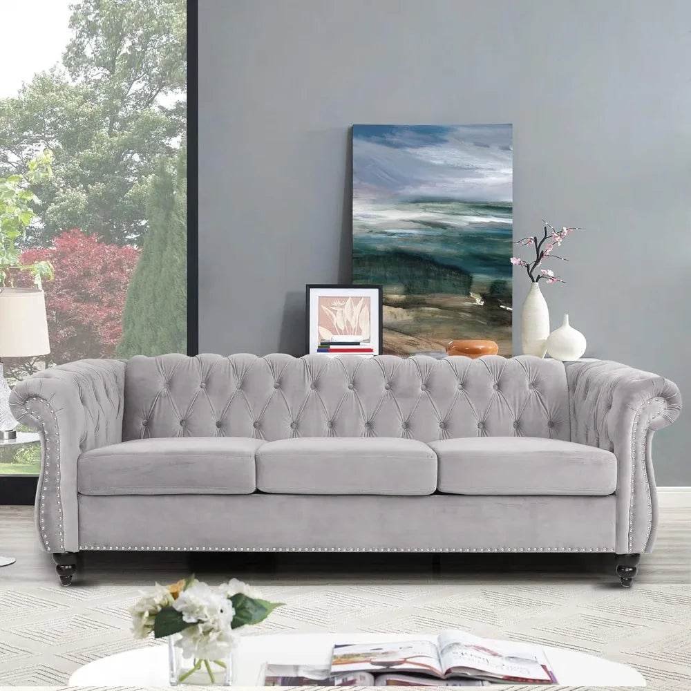 Large Sofa, Velvet Sofa Three-seat Sofa Classic Tufted Chesterfield Settee Sofa Modern 3 Seater Couch Furniture Tufted Back