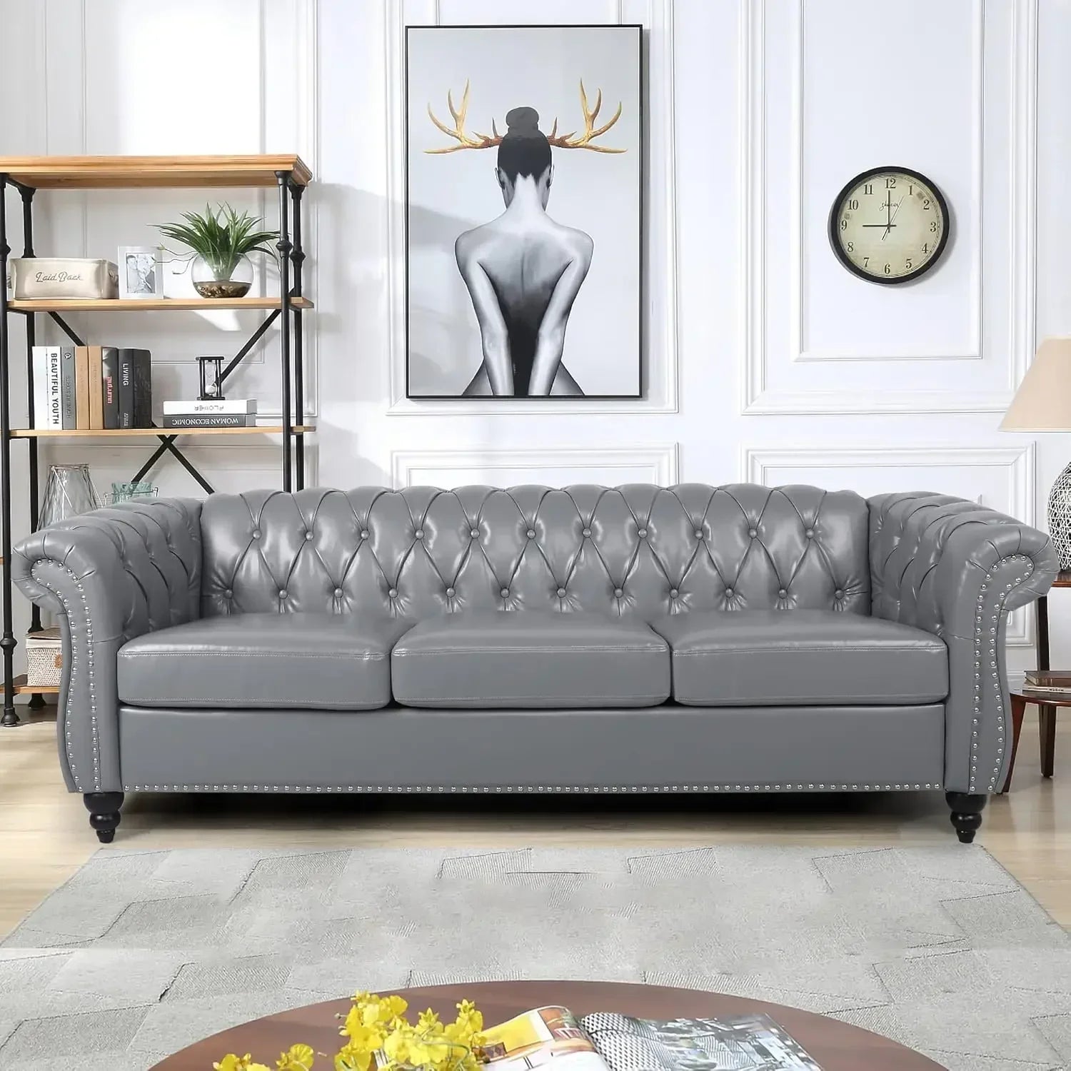 82" Three Seater Sofa, Chesterfield Sofa, Mid-Century Modern PU Upholstered Sofa, Deep Button Tufted Living Room Sofa