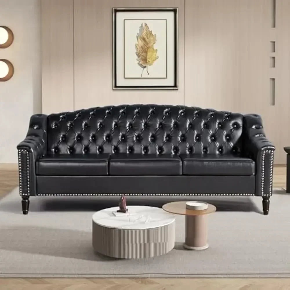 82" Three Seater Sofa, Chesterfield Sofa, Mid-Century Modern PU Upholstered Sofa, Deep Button Tufted Living Room Sofa