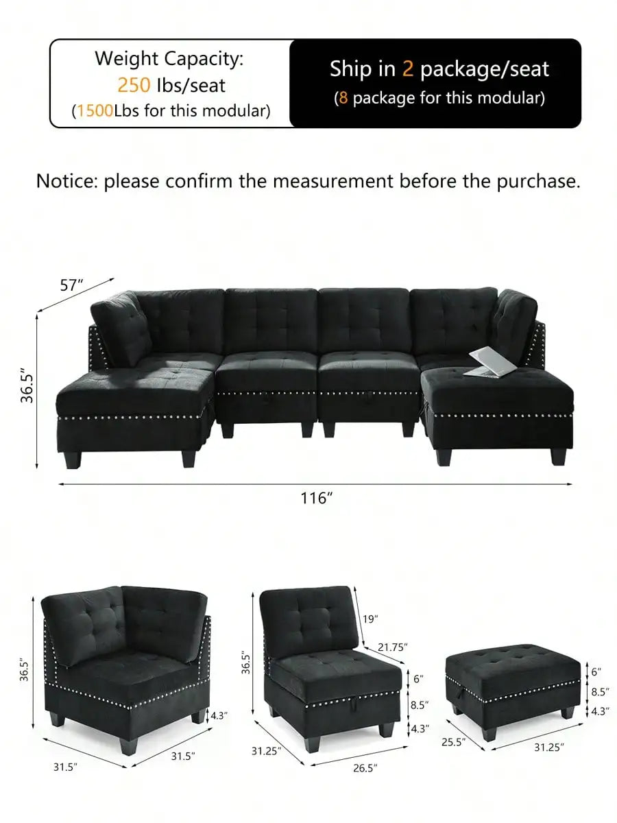 U-Shape Sectional  Comfortable Cushion Sofa DIY Sofa Combination, Includes Two Single Chair, Two Corner And Two Ottoman For