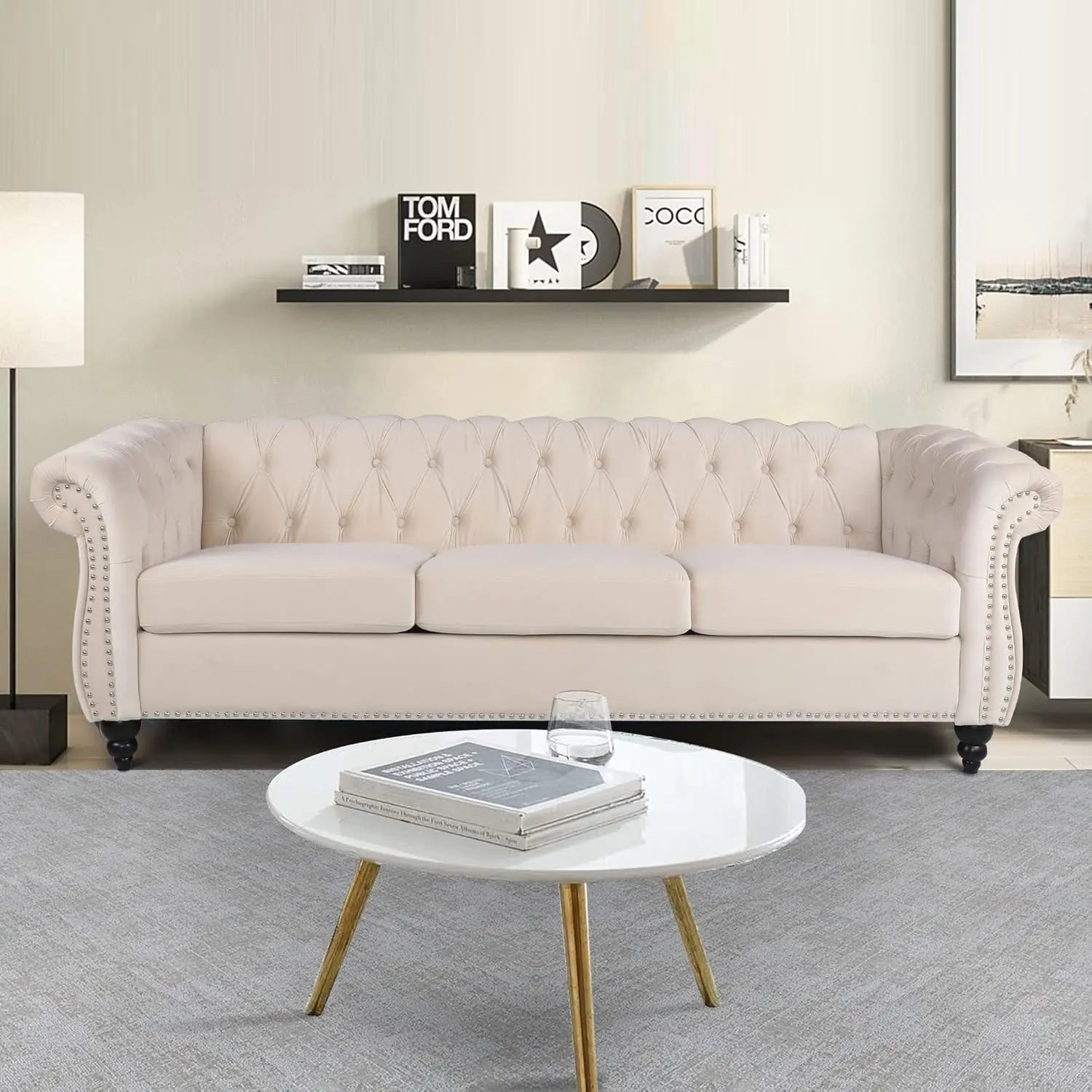 Large Sofa, Velvet Sofa Three-seat Sofa Classic Tufted Chesterfield Settee Sofa Modern 3 Seater Couch Furniture Tufted Back