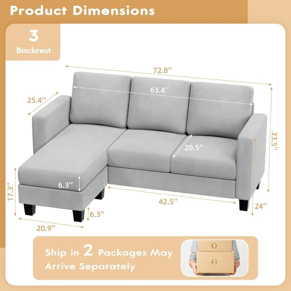 Convertible segmented sofa, 3-seater L-shaped linen sofa Ottoman small sofa, suitable for small apartments and living rooms