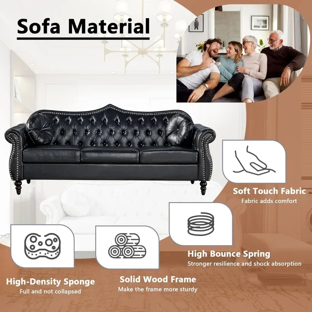 82" Three Seater Sofa, Chesterfield Sofa, Mid-Century Modern PU Upholstered Sofa, Deep Button Tufted Living Room Sofa