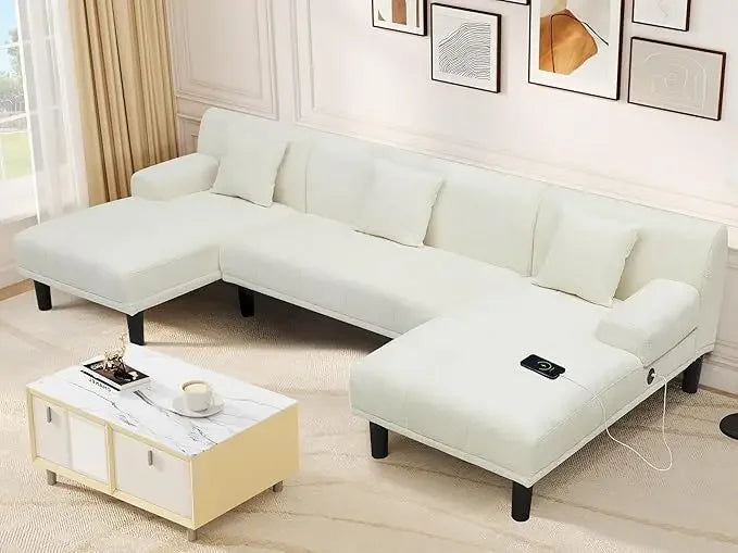 Sectional Couches for Living Room, U Shaped Sofa Chenille Modern Couch with USB & Type C Charging Ports Double Chaise a