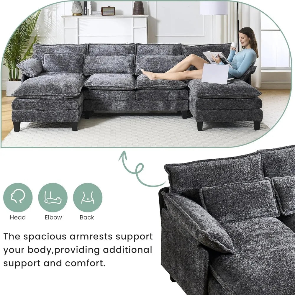 110" U Shaped Couch, 4 Seat Cloud Couch, High Dense Memory Foam with Double Chaise Lounge & Memory Foam U Shape Sectional Sofa f