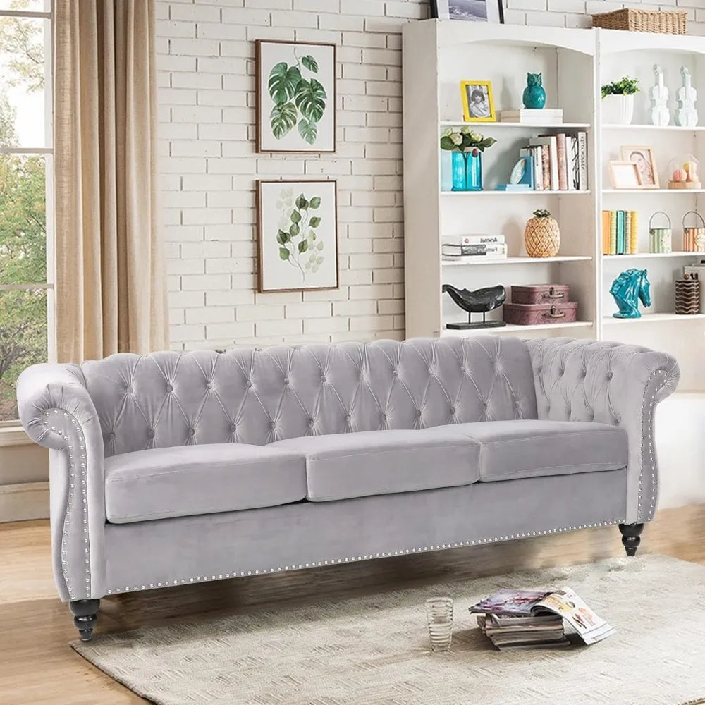 Large Sofa, Velvet Sofa Three-seat Sofa Classic Tufted Chesterfield Settee Sofa Modern 3 Seater Couch Furniture Tufted Back