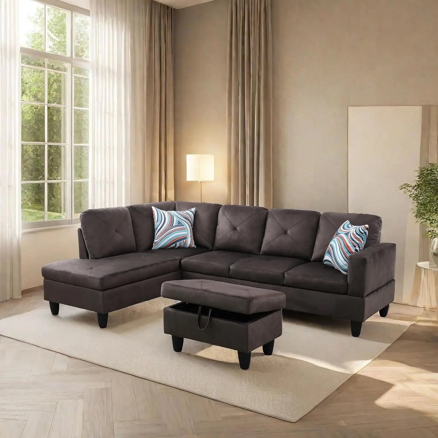 L Shaped Sofa with Ottoman Modern Sectional Couches for Living Room, Bedroom, Office, Grey-Belt Cup Holder  home furniture