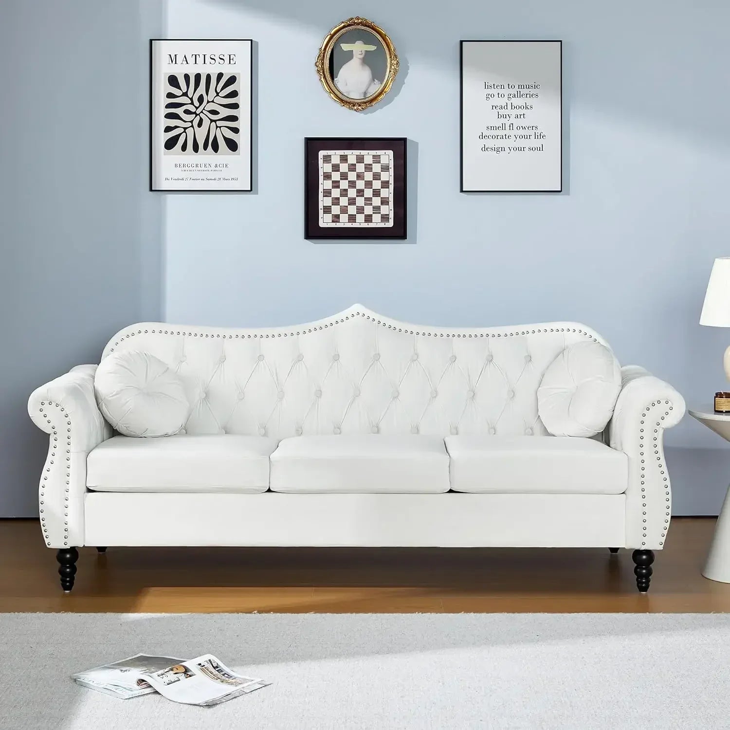 82" Three Seater Sofa, Chesterfield Sofa, Mid-Century Modern PU Upholstered Sofa, Deep Button Tufted Living Room Sofa