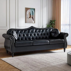 82" Three Seater Sofa, Chesterfield Sofa, Mid-Century Modern PU Upholstered Sofa, Deep Button Tufted Living Room Sofa