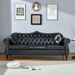 82" Three Seater Sofa, Chesterfield Sofa, Mid-Century Modern PU Upholstered Sofa, Deep Button Tufted Living Room Sofa