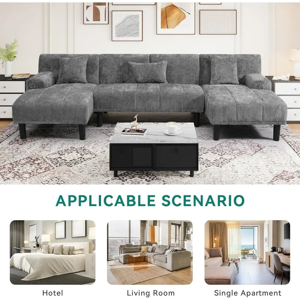 Sectional Couches for Living Room, U Shaped Sofa Chenille Modern Couch with USB & Type C Charging Ports Double Chaise a