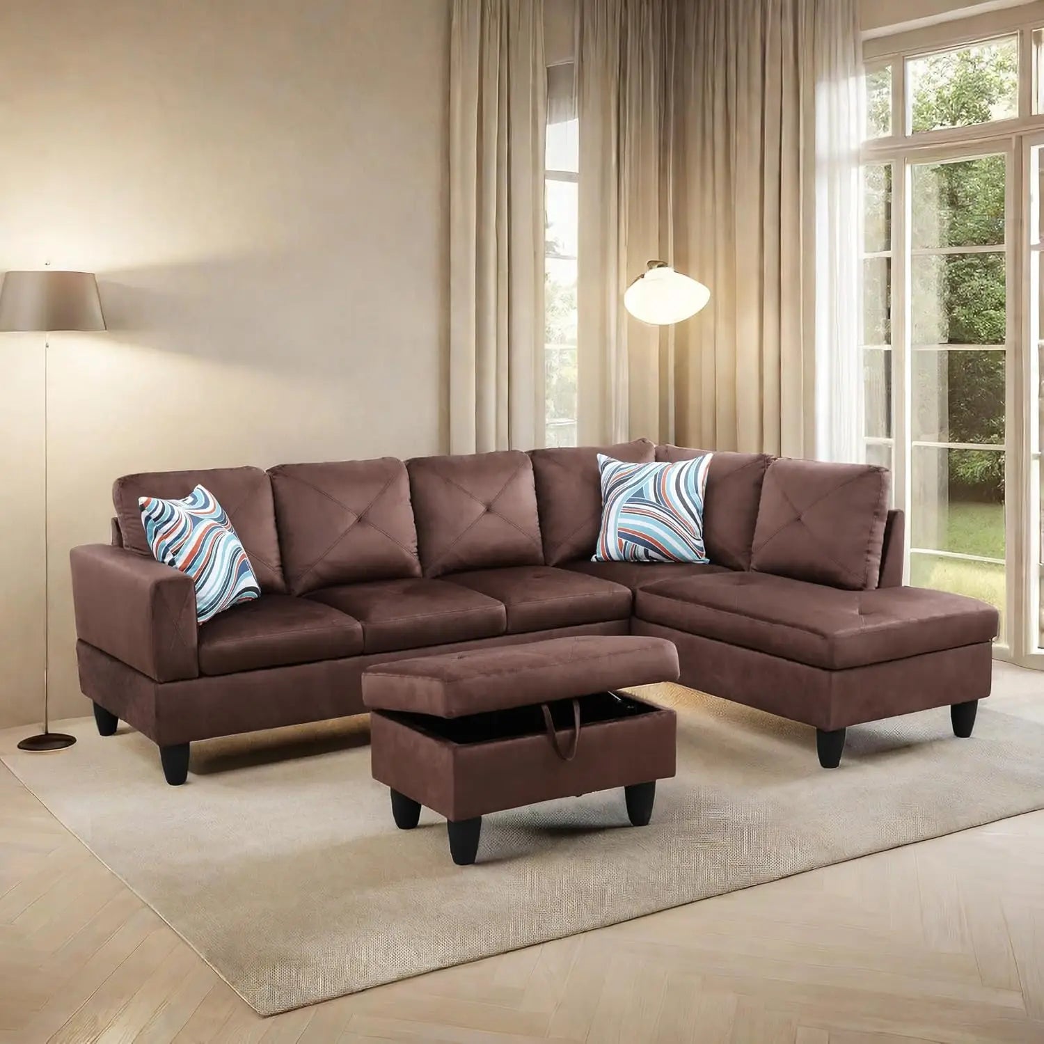 L Shaped Sofa with Ottoman Modern Sectional Couches for Living Room, Bedroom, Office, Grey-Belt Cup Holder  home furniture