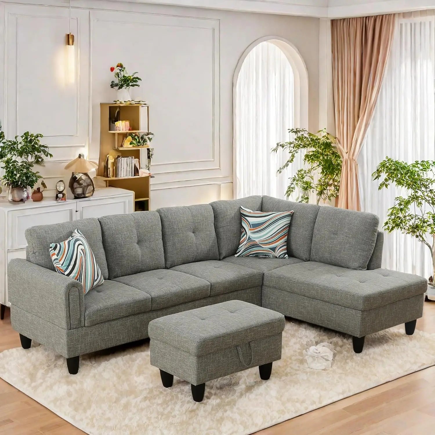 L Shaped Sofa with Ottoman Modern Sectional Couches for Living Room, Bedroom, Office, Grey-Belt Cup Holder  home furniture