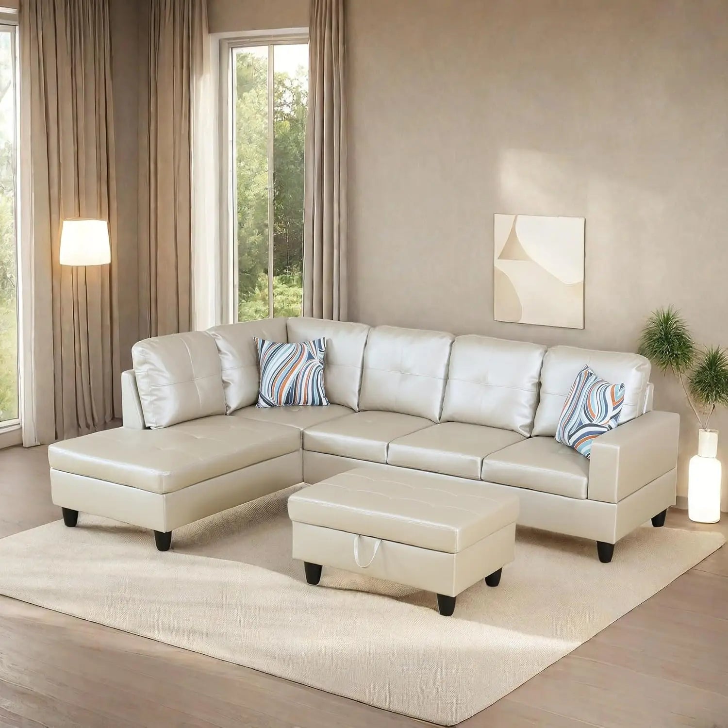 L Shaped Sofa with Ottoman Modern Sectional Couches for Living Room, Bedroom, Office, Grey-Belt Cup Holder  home furniture