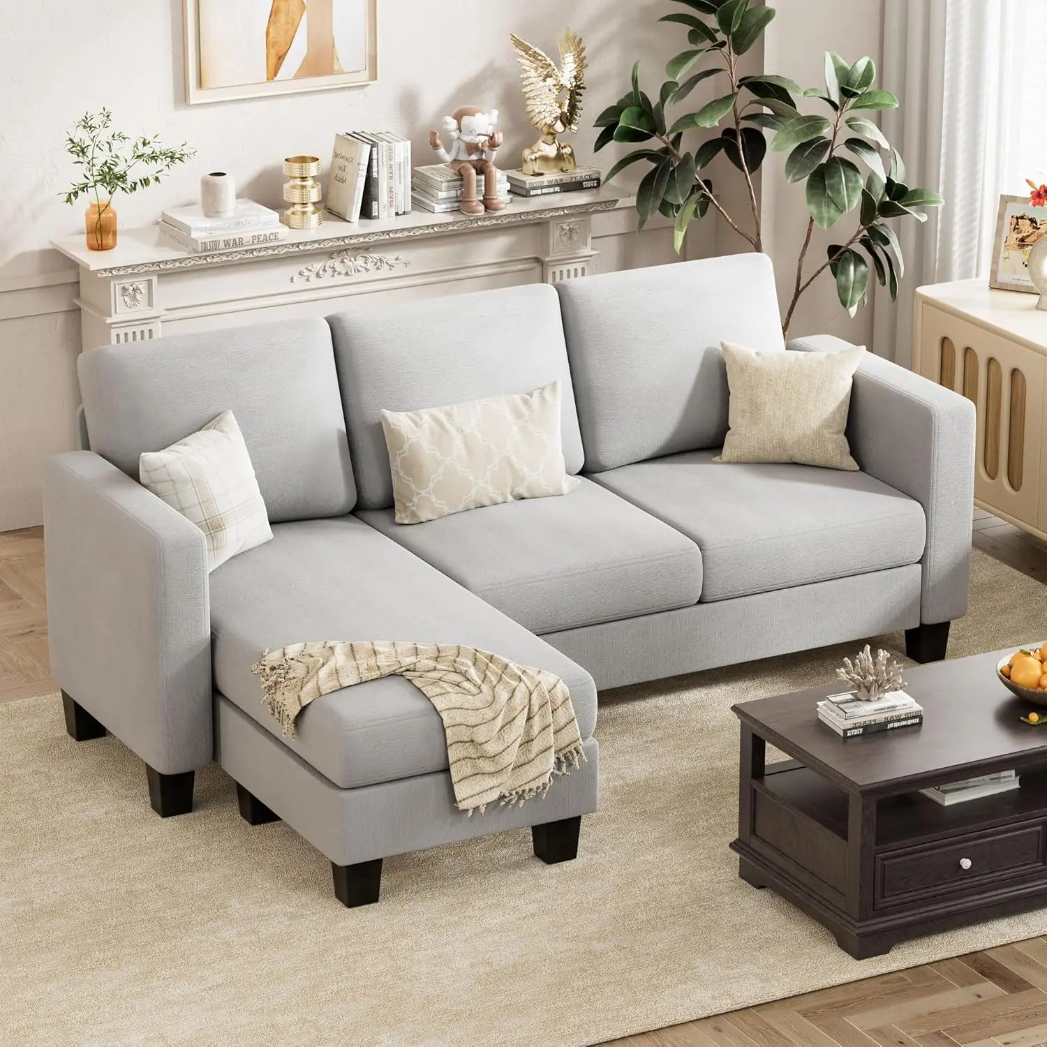 Convertible segmented sofa, 3-seater L-shaped linen sofa Ottoman small sofa, suitable for small apartments and living rooms