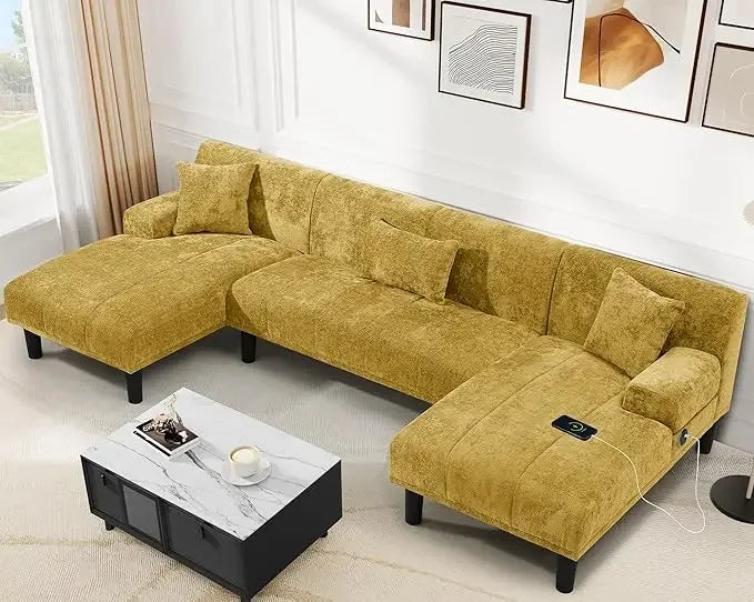 Sectional Couches for Living Room, U Shaped Sofa Chenille Modern Couch with USB & Type C Charging Ports Double Chaise a