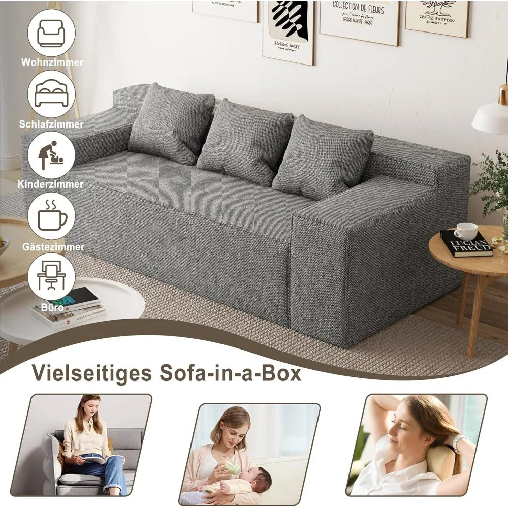 3-Seater Sofa, Hybrid Sofa in a Box, No Assembly Required, Comfy Sofa Couch with 3 Matching Pillows, Cat-Scratch Resistan Linen