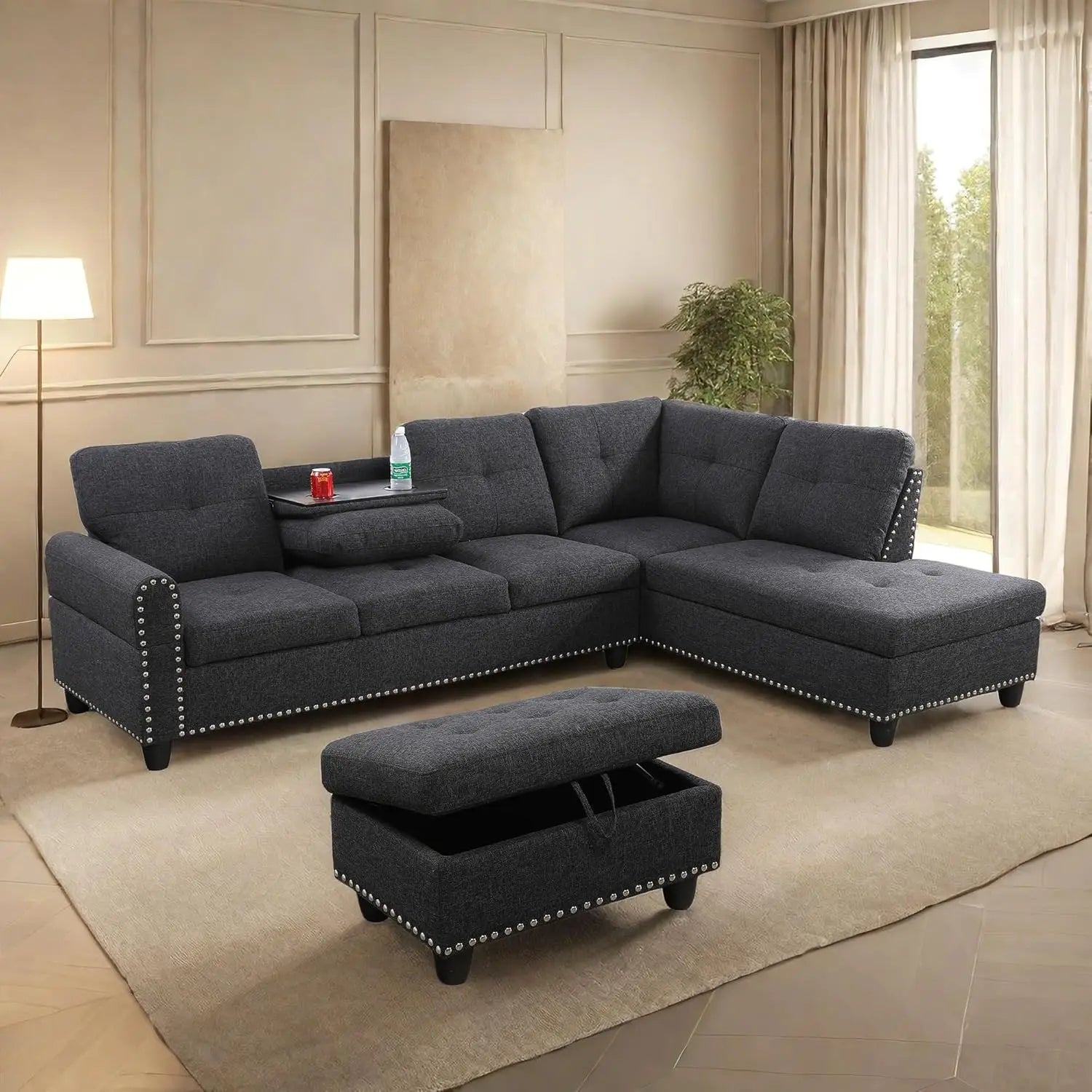 L Shaped Sofa with Ottoman Modern Sectional Couches for Living Room, Bedroom, Office, Grey-Belt Cup Holder  home furniture