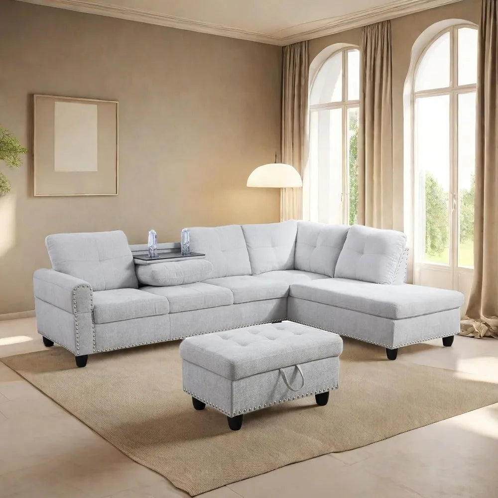 L Shaped Sofa with Ottoman Modern Sectional Couches for Living Room, Bedroom, Office, Grey-Belt Cup Holder  home furniture