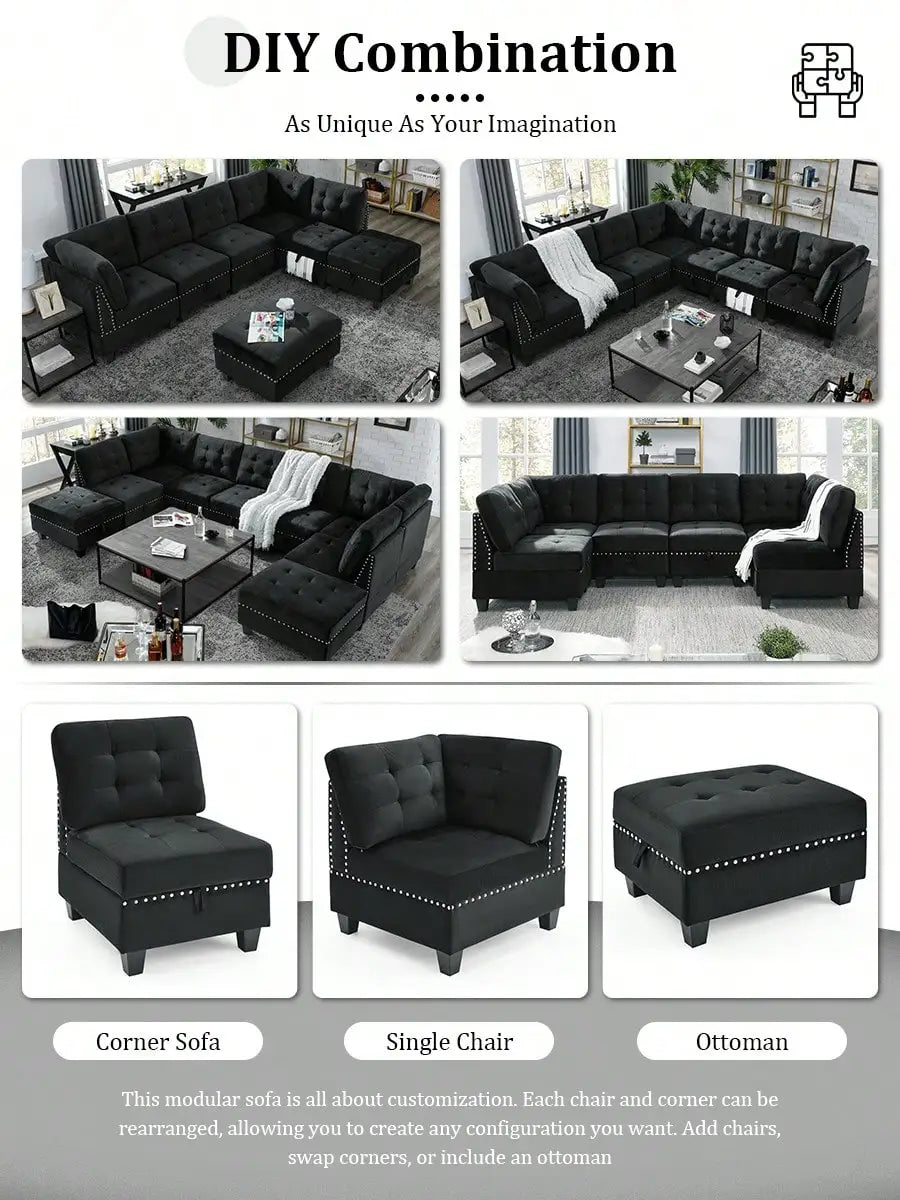 U-Shape Sectional  Comfortable Cushion Sofa DIY Sofa Combination, Includes Two Single Chair, Two Corner And Two Ottoman For