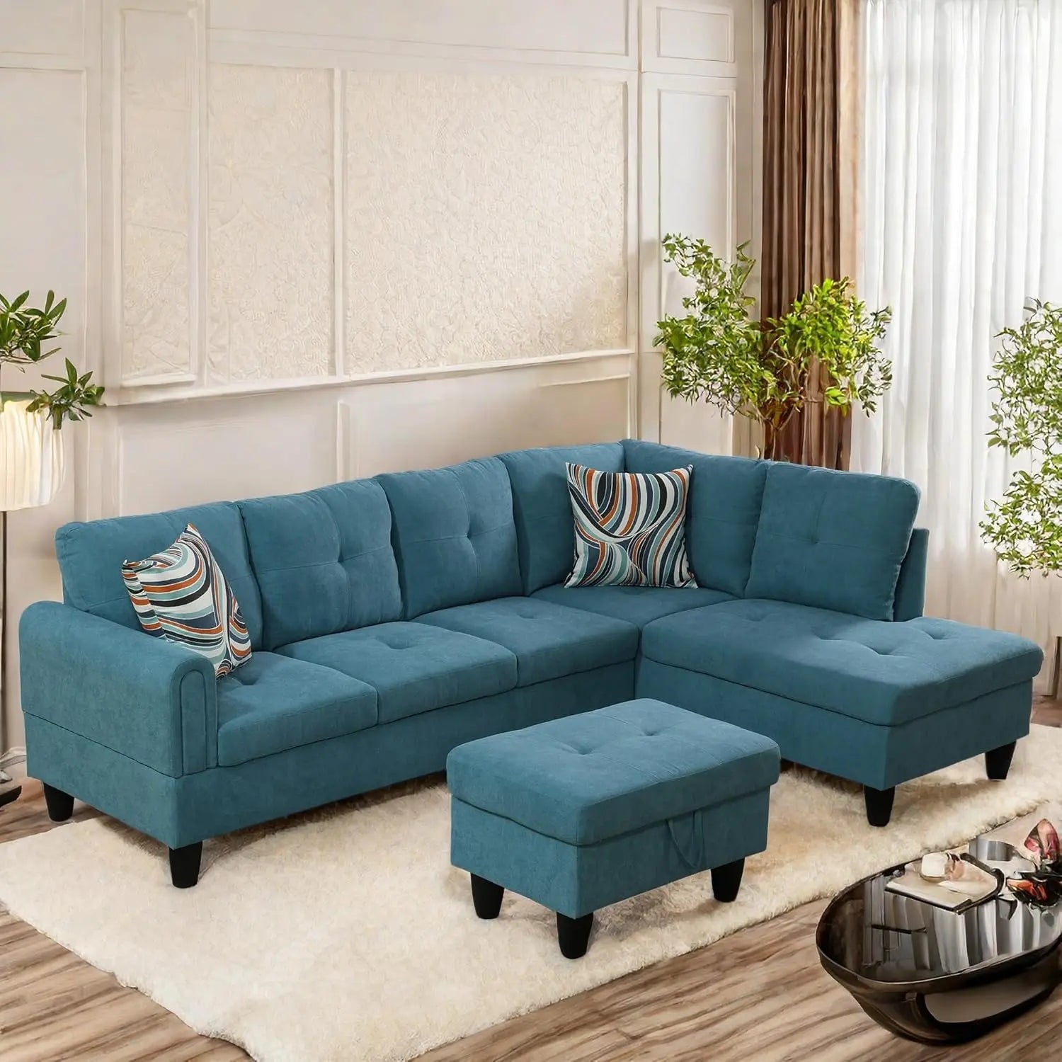 L Shaped Sofa with Ottoman Modern Sectional Couches for Living Room, Bedroom, Office, Grey-Belt Cup Holder  home furniture