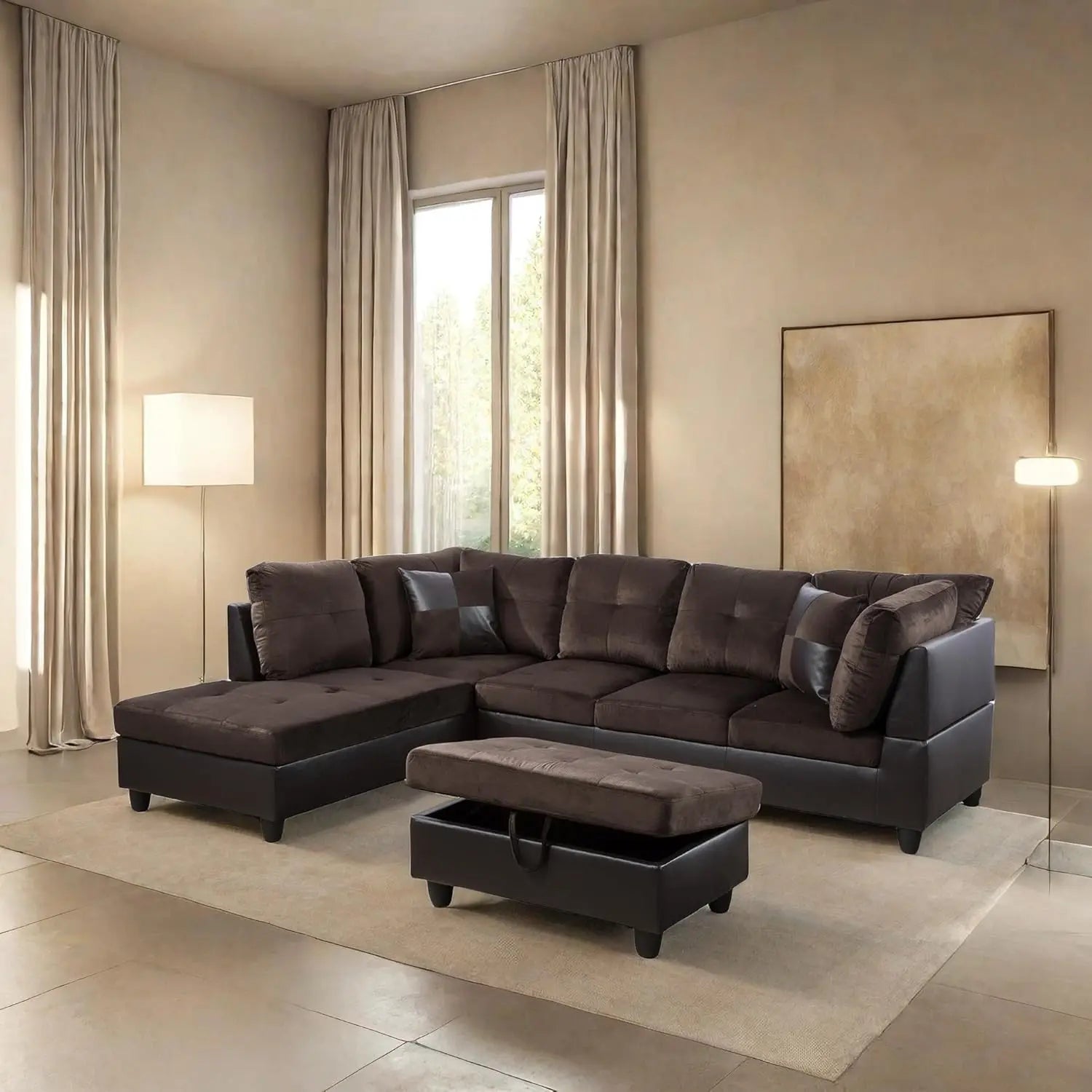 L Shaped Sofa with Ottoman Modern Sectional Couches for Living Room, Bedroom, Office, Grey-Belt Cup Holder  home furniture