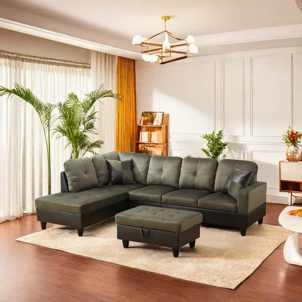 L Shaped Sofa with Ottoman Modern Sectional Couches for Living Room, Bedroom, Office, Grey-Belt Cup Holder  home furniture