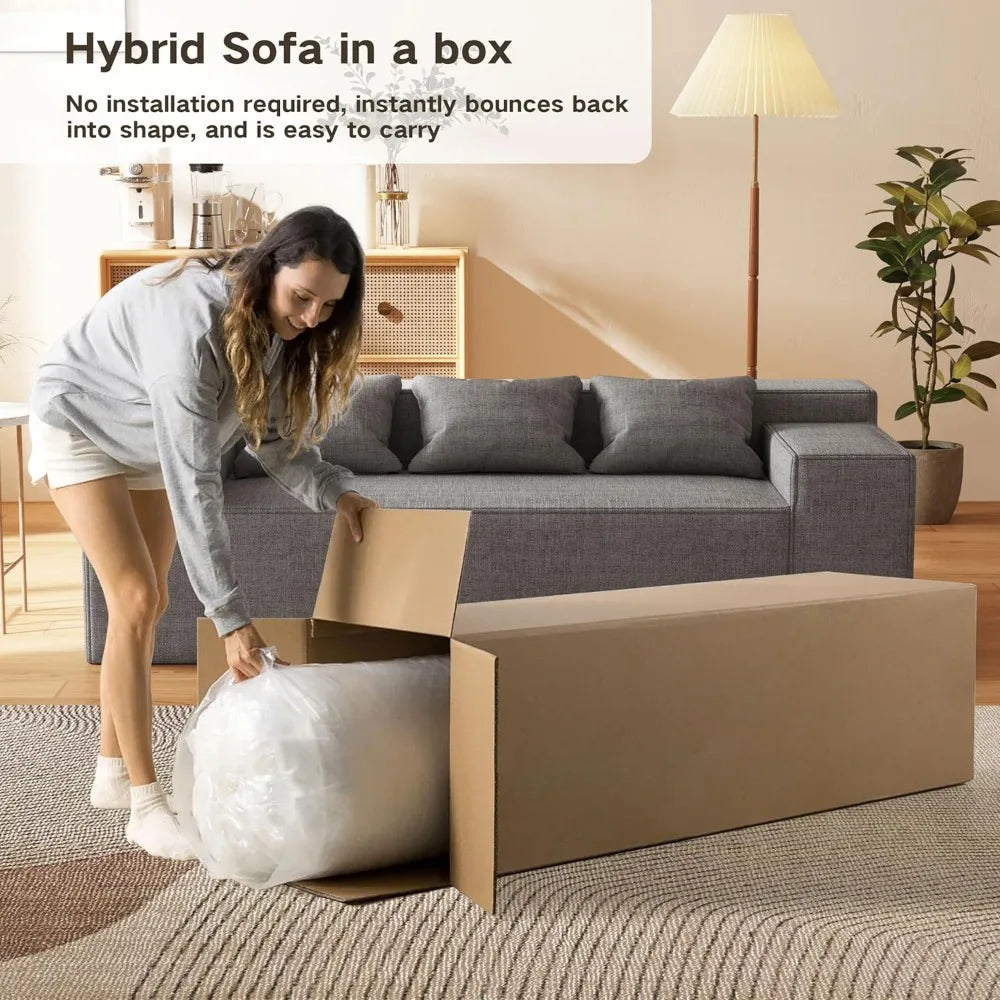 3-Seater Sofa, Hybrid Sofa in a Box, No Assembly Required, Comfy Sofa Couch with 3 Matching Pillows, Cat-Scratch Resistan Linen