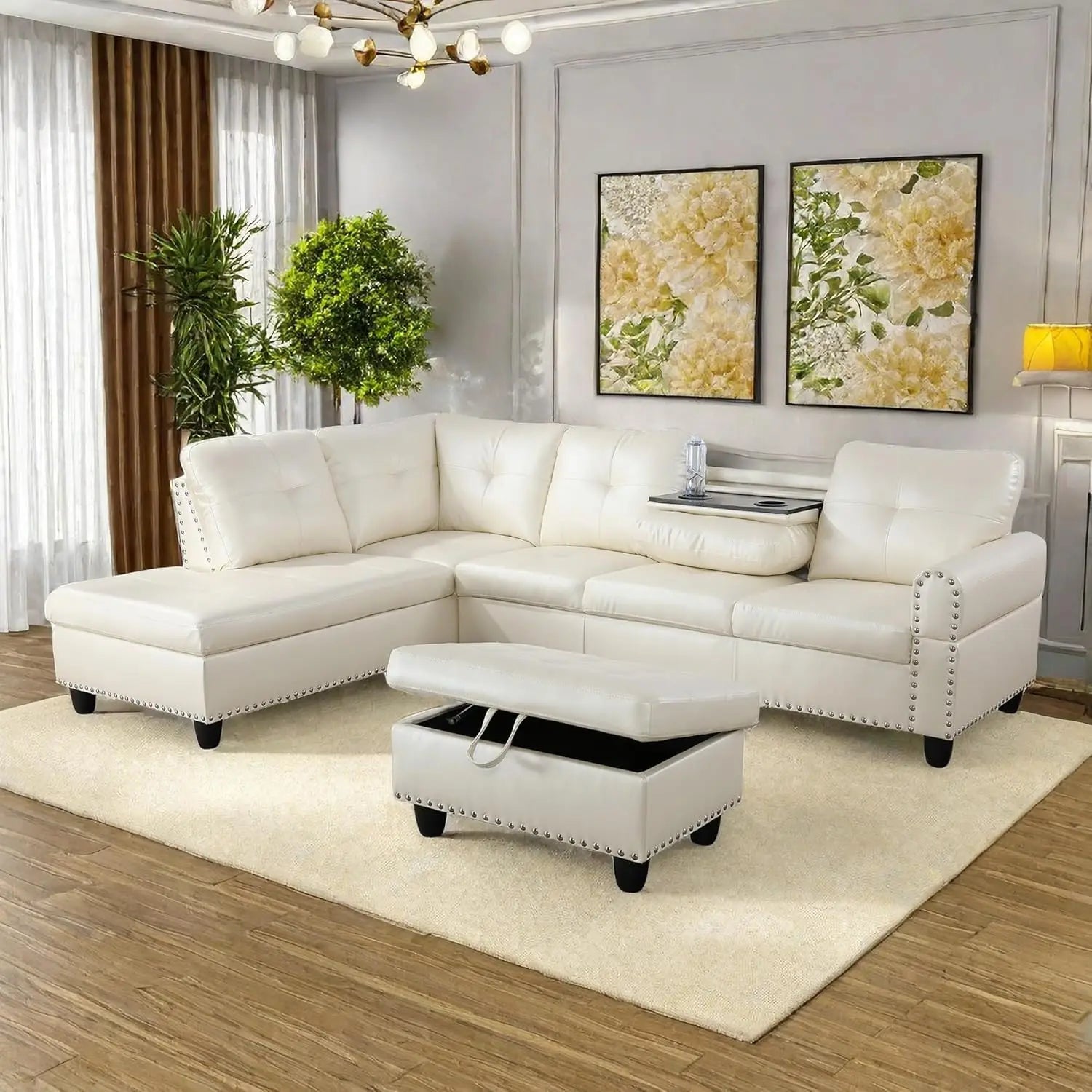 L Shaped Sofa with Ottoman Modern Sectional Couches for Living Room, Bedroom, Office, Grey-Belt Cup Holder  home furniture