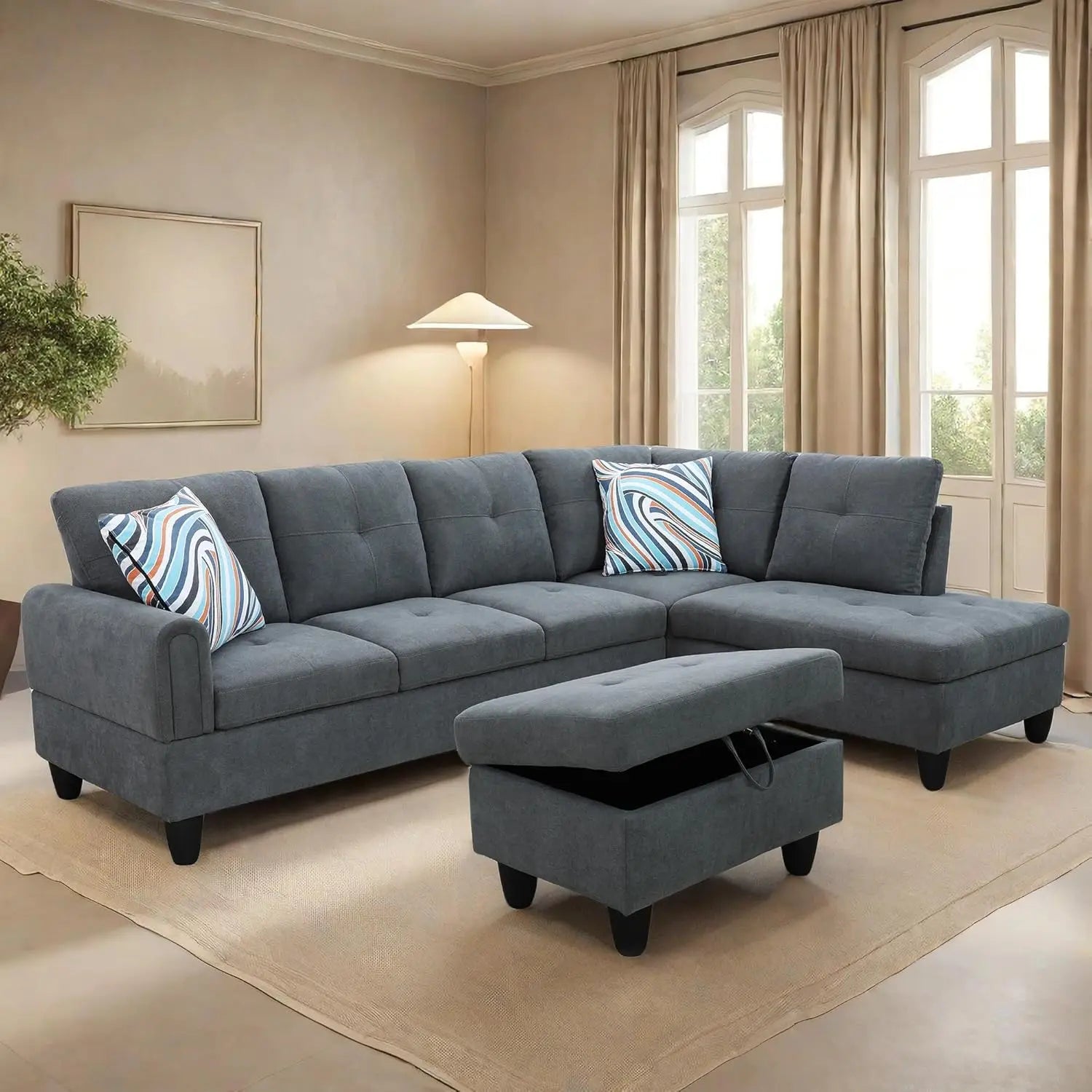 L Shaped Sofa with Ottoman Modern Sectional Couches for Living Room, Bedroom, Office, Grey-Belt Cup Holder  home furniture