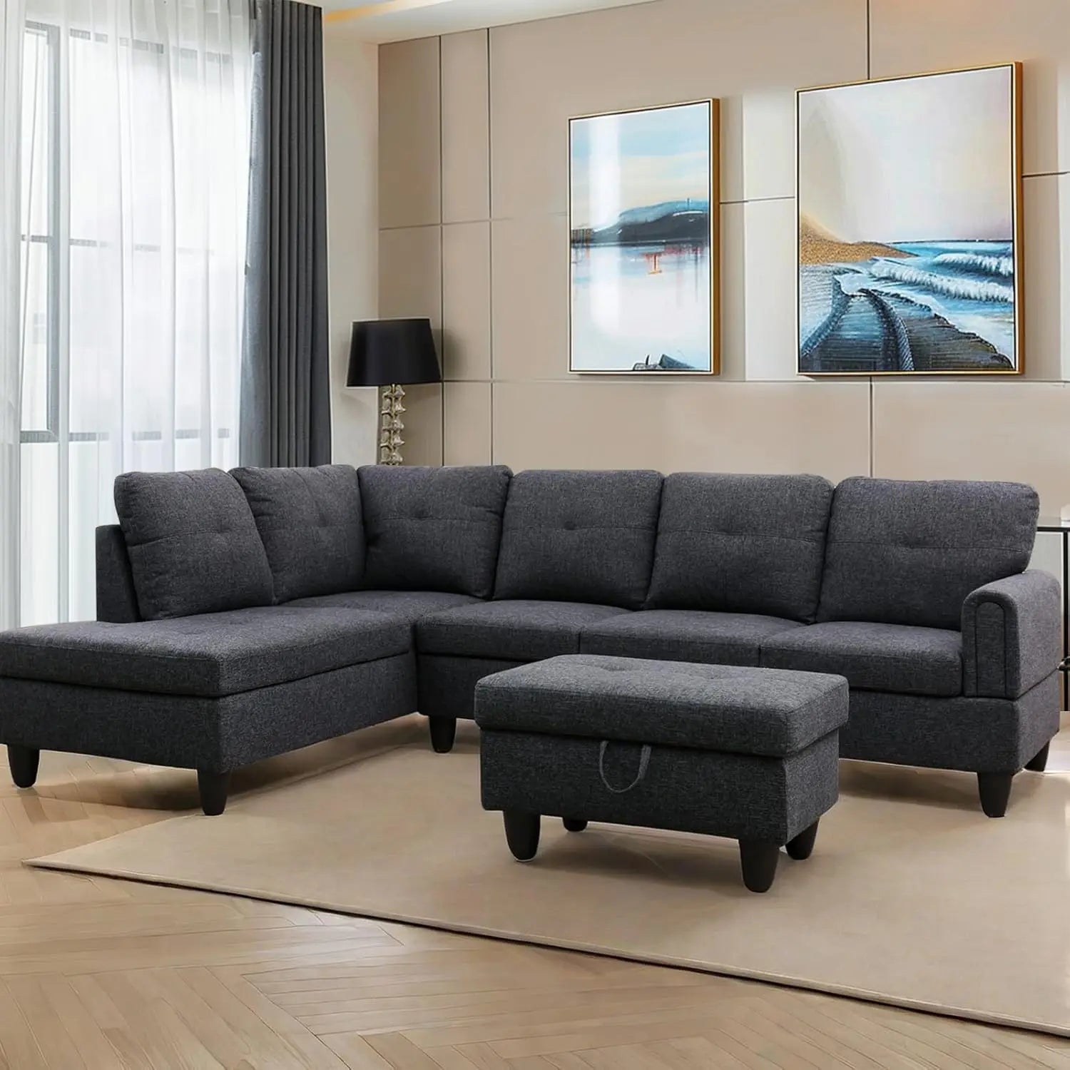 L Shaped Sofa with Ottoman Modern Sectional Couches for Living Room, Bedroom, Office, Grey-Belt Cup Holder  home furniture