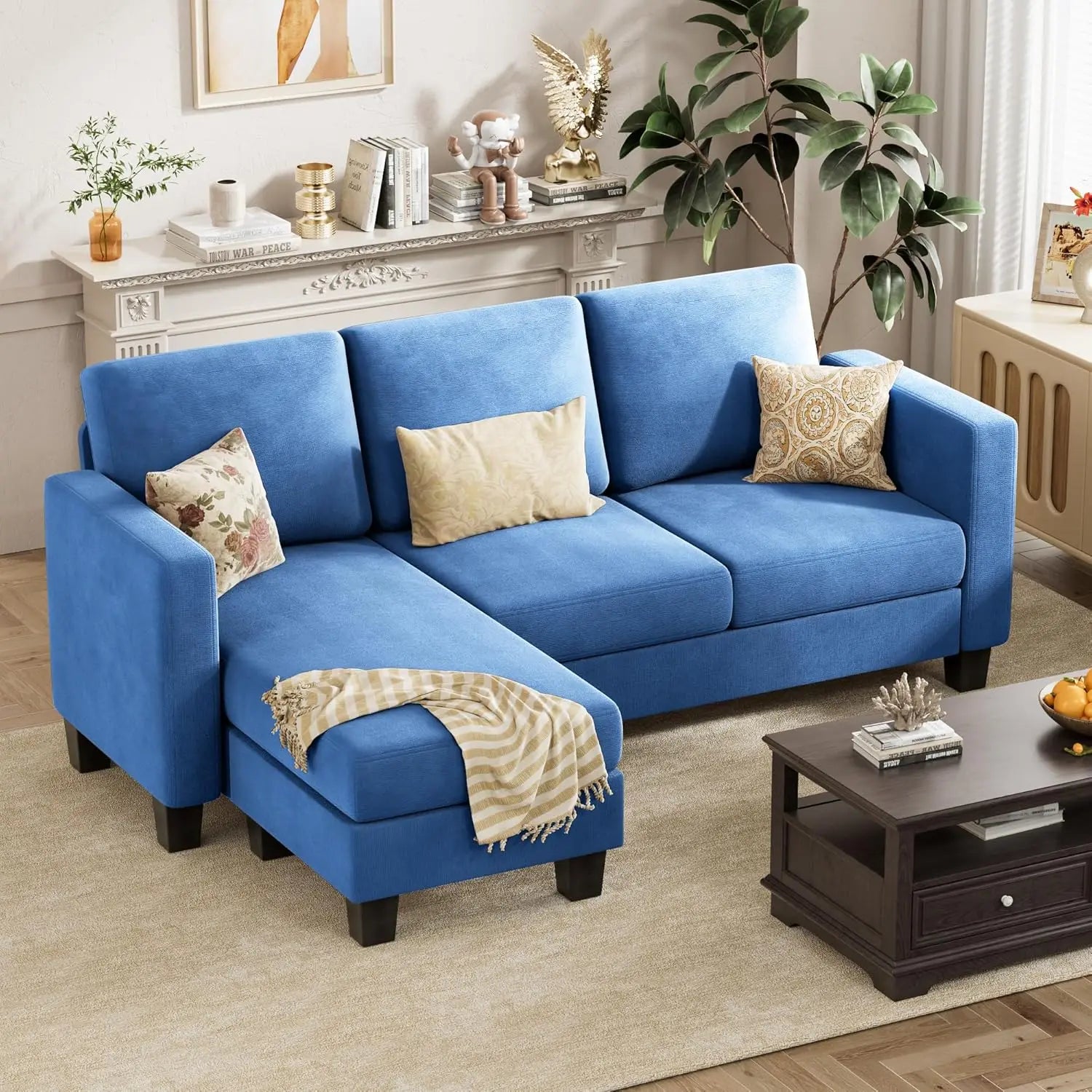 Convertible segmented sofa, 3-seater L-shaped linen sofa Ottoman small sofa, suitable for small apartments and living rooms