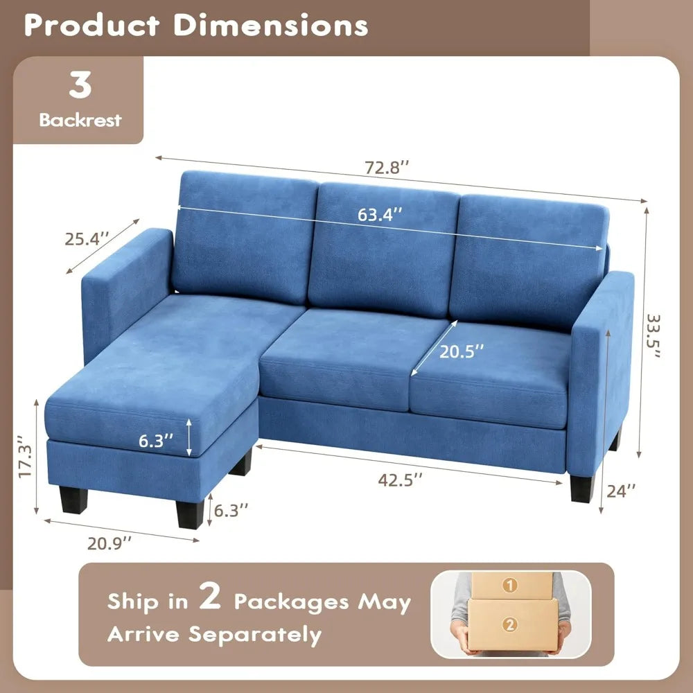 Convertible segmented sofa, 3-seater L-shaped linen sofa Ottoman small sofa, suitable for small apartments and living rooms