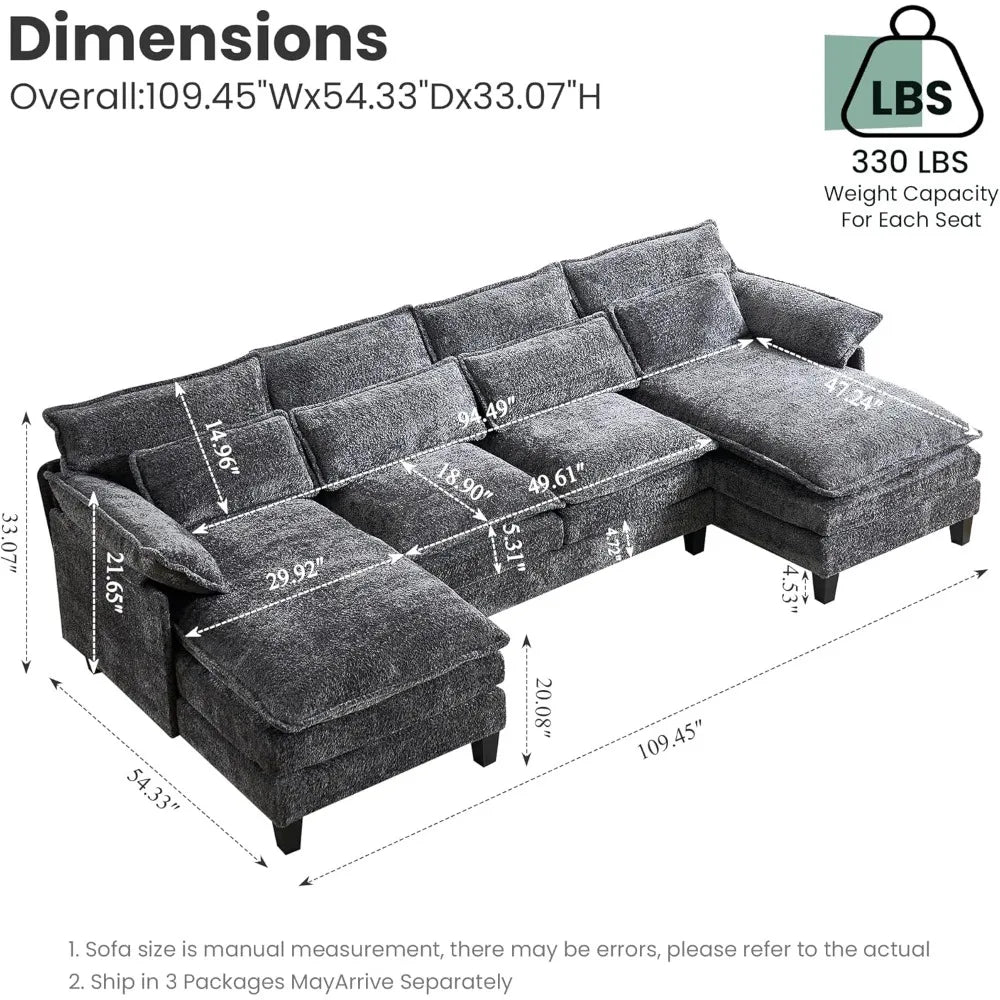 110" U Shaped Couch, 4 Seat Cloud Couch, High Dense Memory Foam with Double Chaise Lounge & Memory Foam U Shape Sectional Sofa f