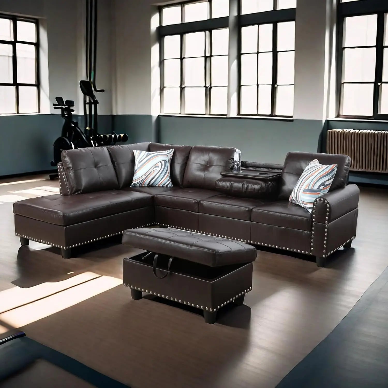 L Shaped Sofa with Ottoman Modern Sectional Couches for Living Room, Bedroom, Office, Grey-Belt Cup Holder  home furniture