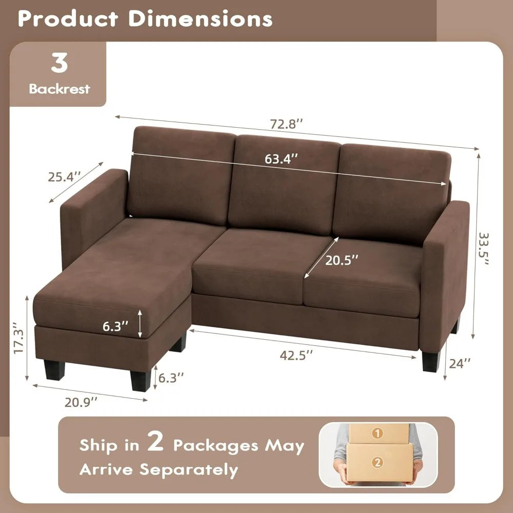 Convertible segmented sofa, 3-seater L-shaped linen sofa Ottoman small sofa, suitable for small apartments and living rooms